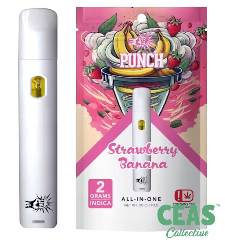 Strawberry Banana Distillate AIO 2g by PUNCH (90%+ THC) | Indica Vape CEAS Strawberry Banana Distillate AIO 2g by PUNCH (90%+ THC) | Indica Vape CEAS