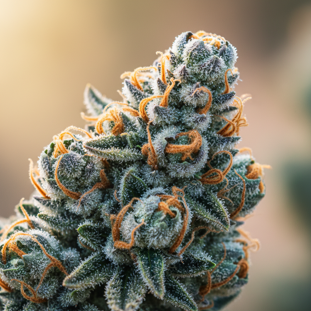 A detailed close-up of a Blue Dream cannabis bud, highlighting its rich green color, orange pistils, and frosty layer of trichomes.