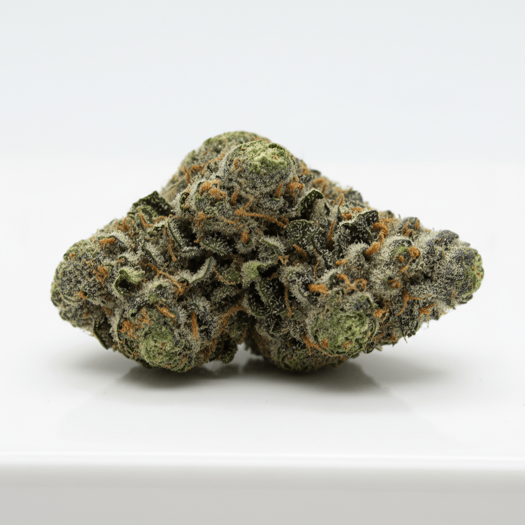 A fresh, green cannabis bud of the Blue Dream strain sitting on a clean white surface.