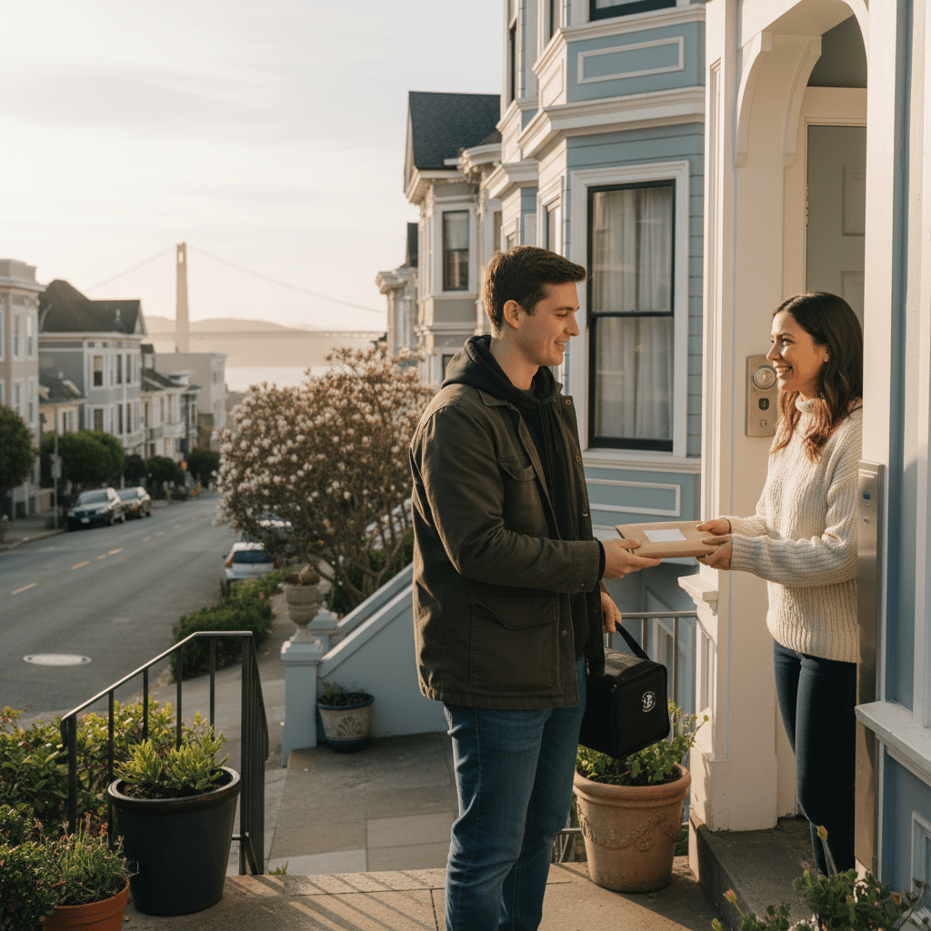 A discreet cannabis delivery driver handing a package to a customer at their doorstep in San Francisco.