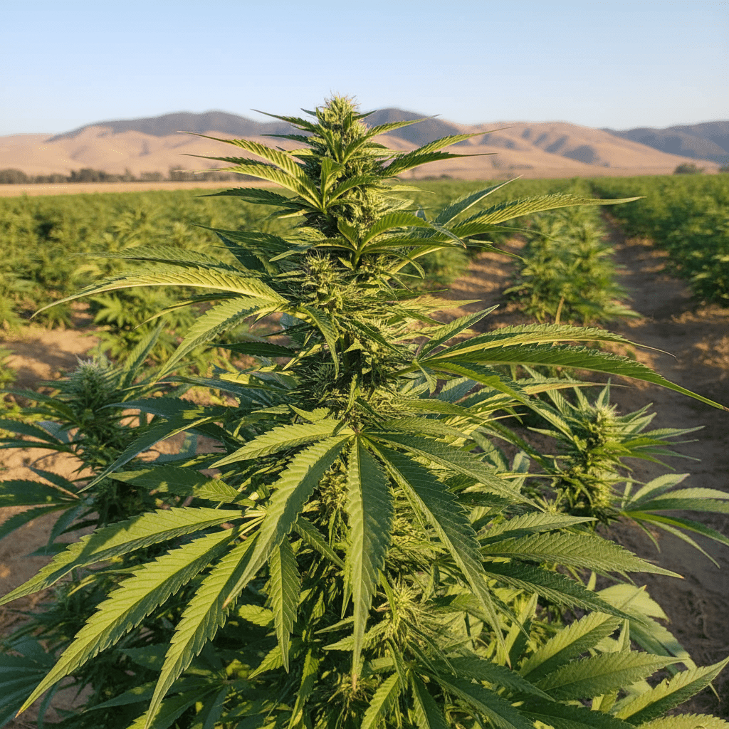 Cannabis plant in a California field under sunlight.