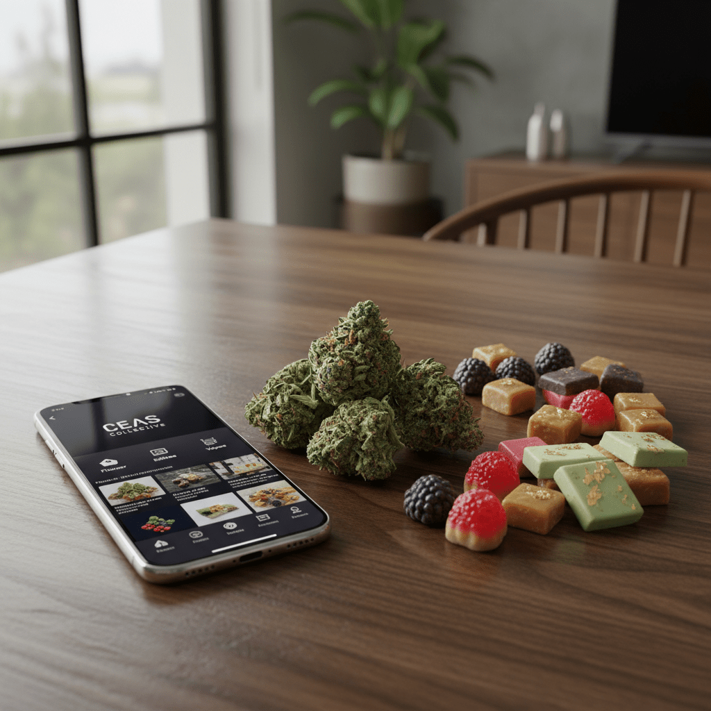 High-quality cannabis flower buds and edibles displayed next to a smartphone showing the CEAS Collective app.