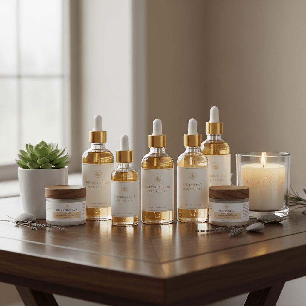 High-quality cannabis tinctures and wellness products arranged neatly on a wooden table.