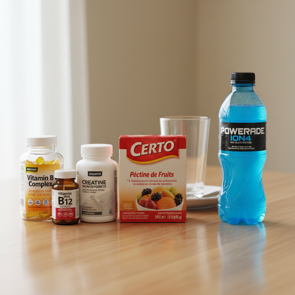 A packet of Certo fruit pectin next to a sports drink and vitamin supplements, arranged on a table for the Certo drug test method.