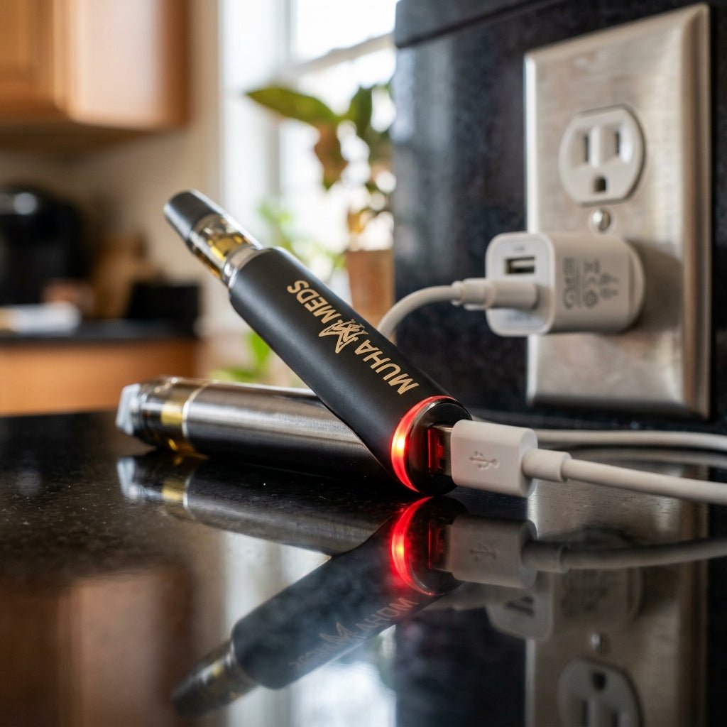 A Muha Meds pen connected to a USB charger with a red indicator light showing it is charging.