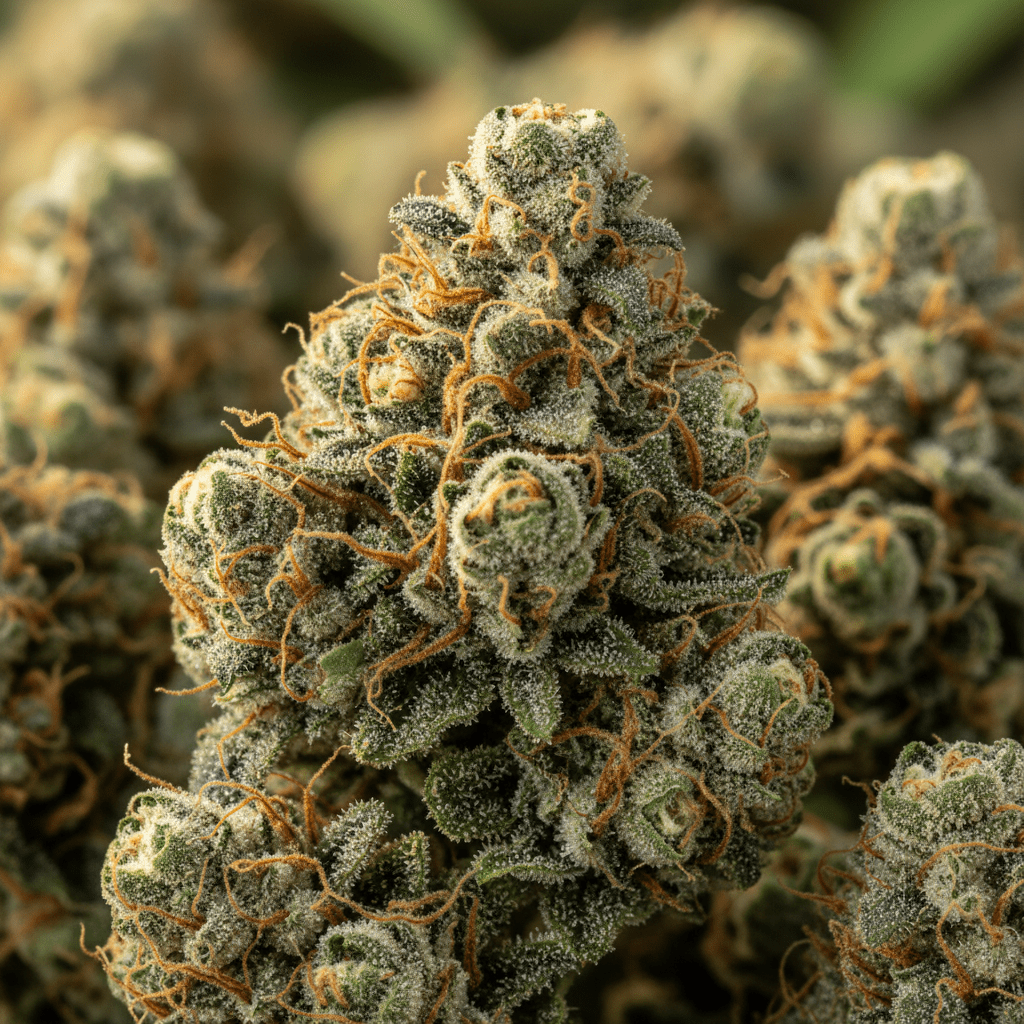 Close-up of vibrant green sativa cannabis buds with orange hairs