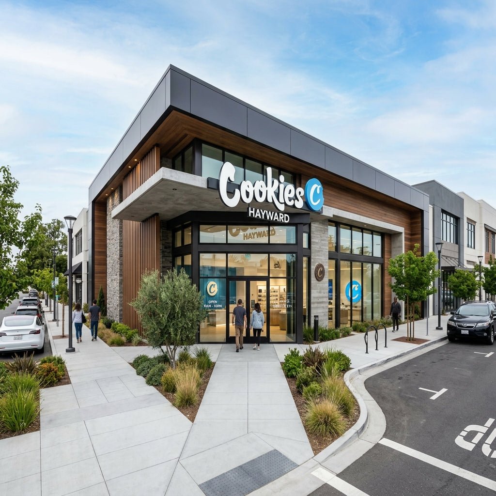 Exterior view of the modern Cookies Hayward dispensary building.