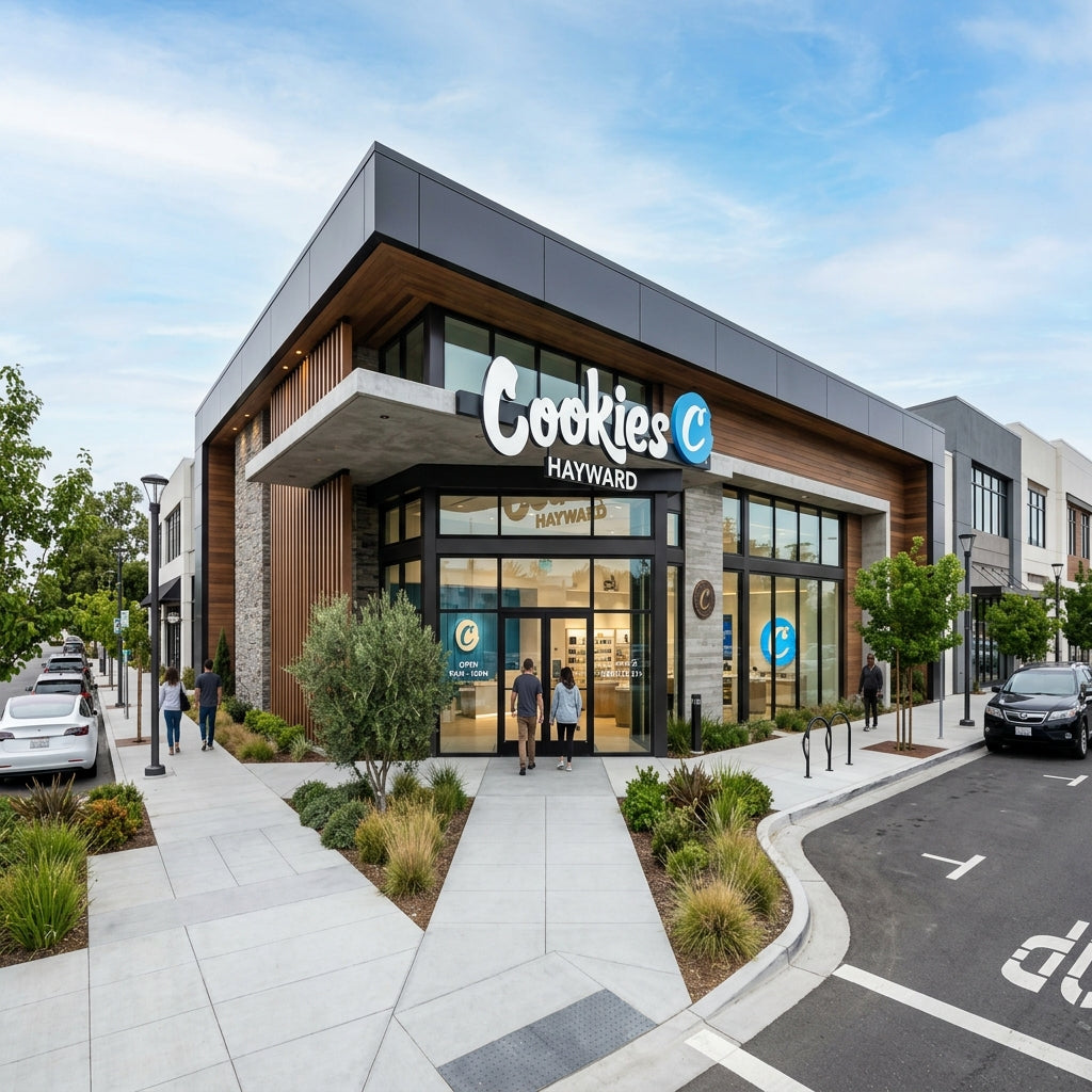 Exterior view of the modern Cookies Hayward dispensary building.