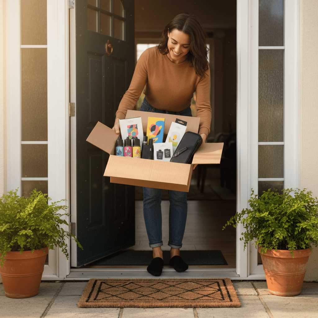 A customer smiling while opening a fast, convenient doorstep delivery box of vaping supplies.