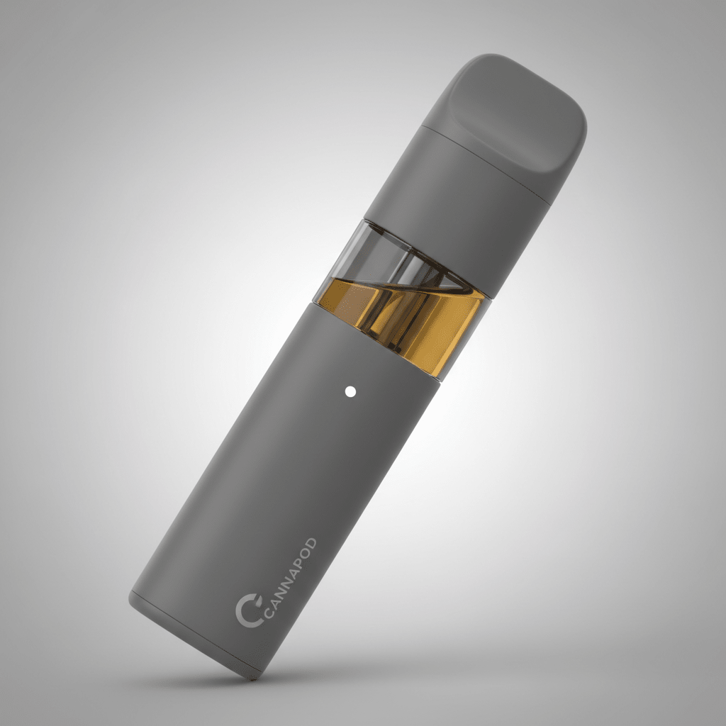 A sleek, all-in-one disposable cannabis vape pen with a built-in battery and pre-filled oil chamber, designed for convenience and portability.