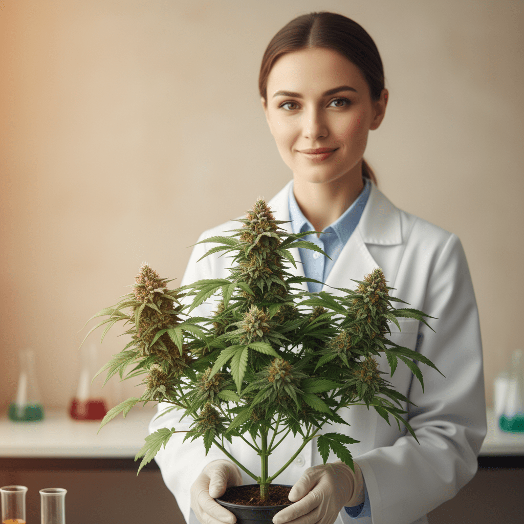 A doctor in a white lab coat holding a cannabis plant with visible flowers, symbolizing scientific research and medical use of cannabis.