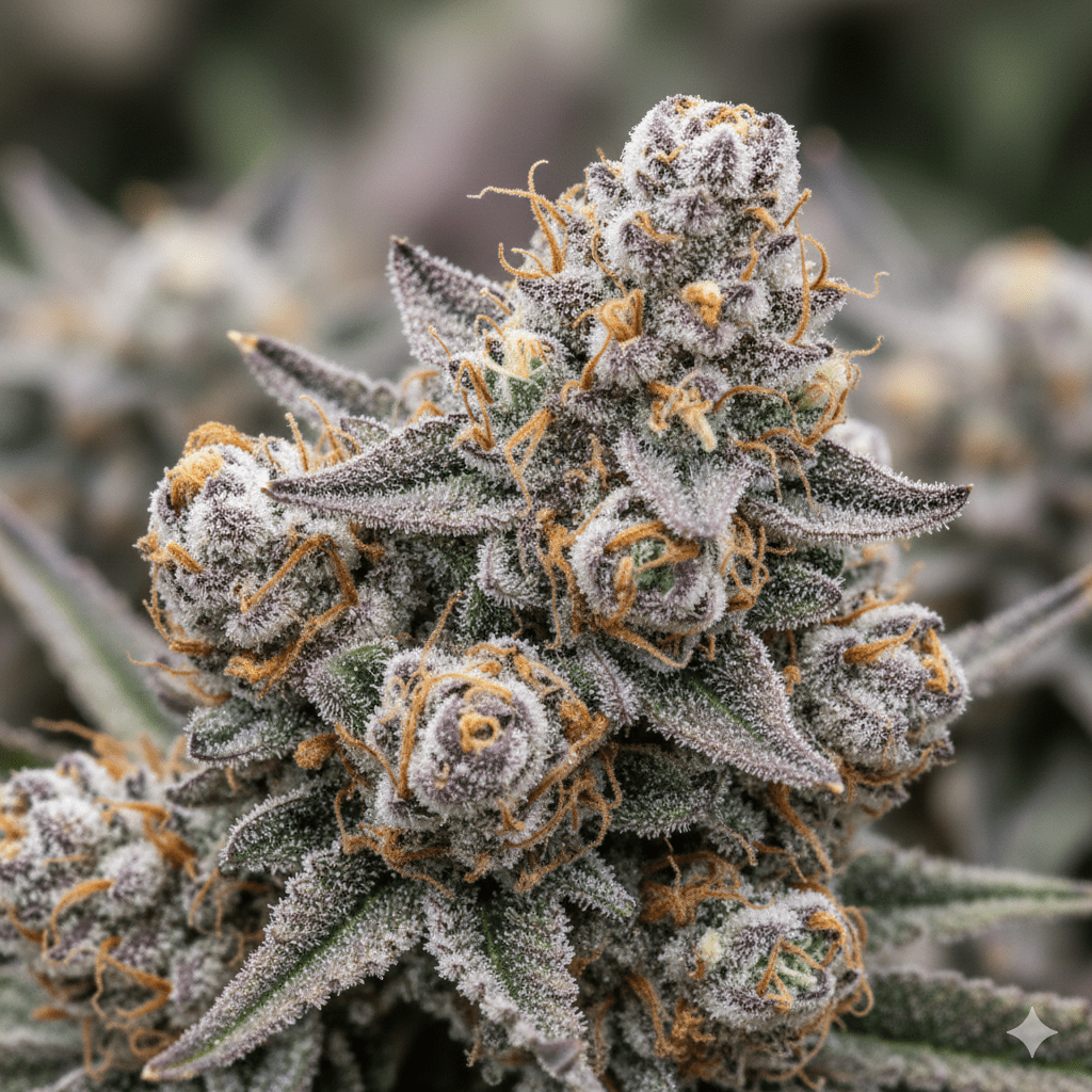 Close-up of Gumbo strain cannabis buds showing dense green nugs with purple hues and orange pistils.