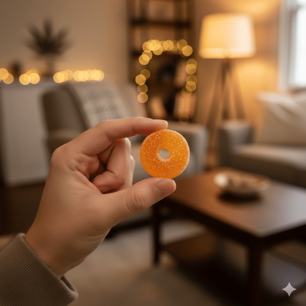A person holding a THC gummy with a blurred background of a cozy living room.