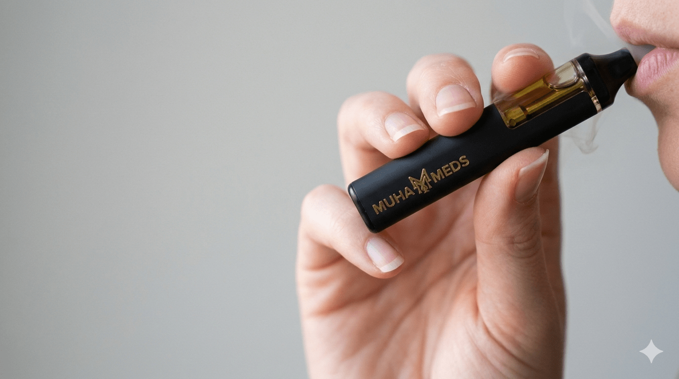 A hand holding a Muha Meds Disposable vape pen, demonstrating proper usage with a gentle puff, set against a neutral background.
