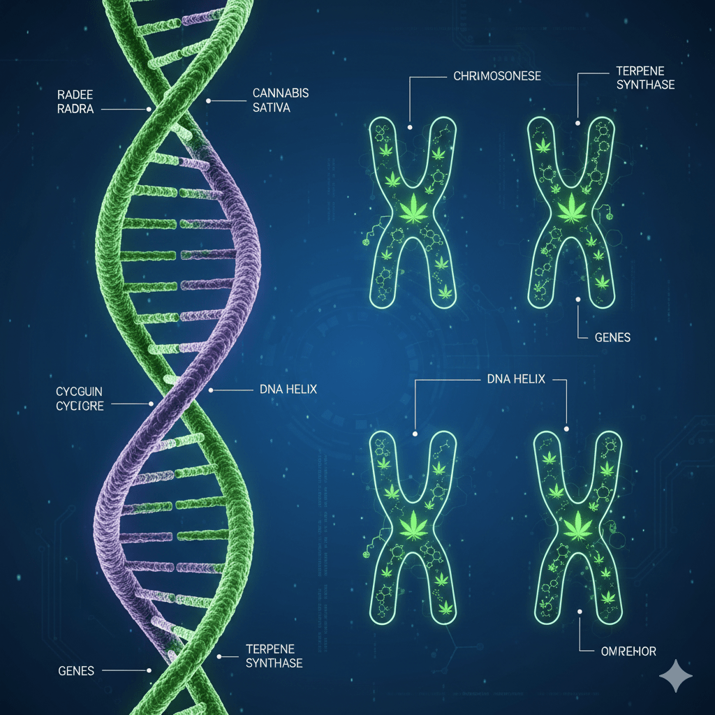 A detailed diagram showing the DNA helix and chromosomes of a cannabis plant, illustrating its complex genetic composition.