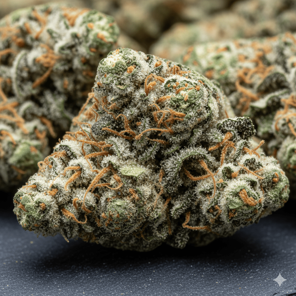 Macro shot of Apple Fritter cannabis buds, highlighting their crystalline trichomes, rich green tones, and fiery orange pistils for a premium look.