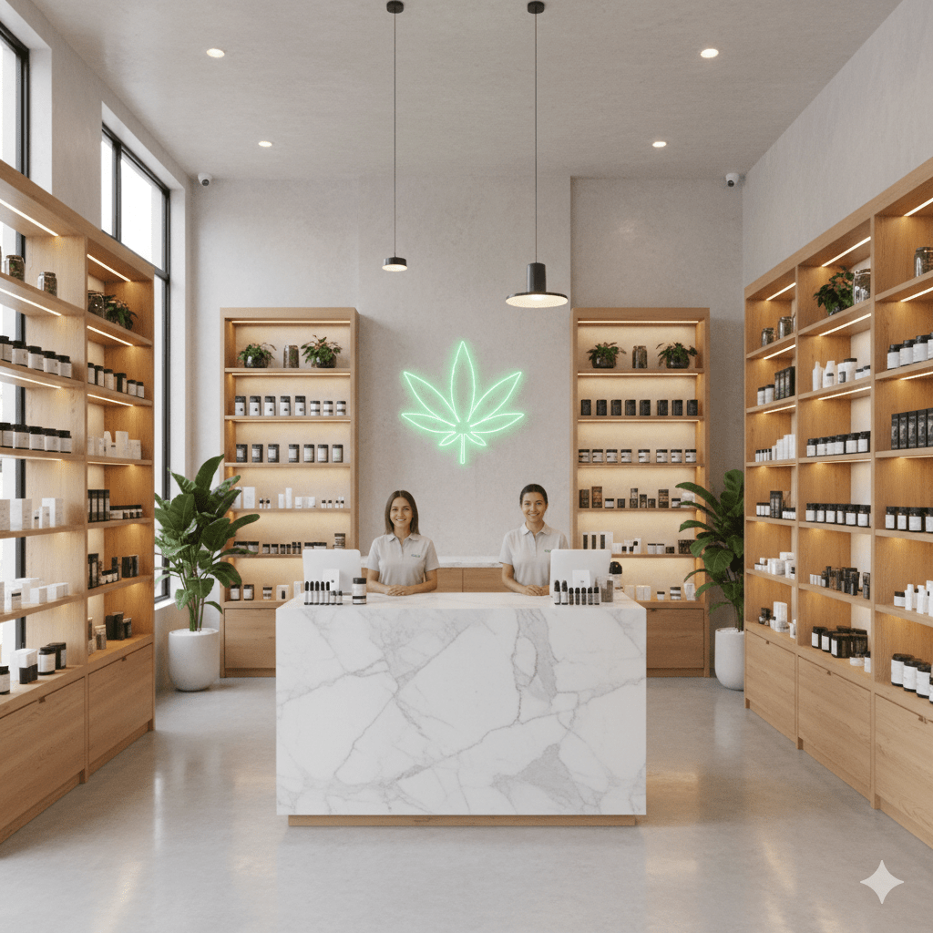 Bright, inviting cannabis store with sleek shelves and a marble counter.