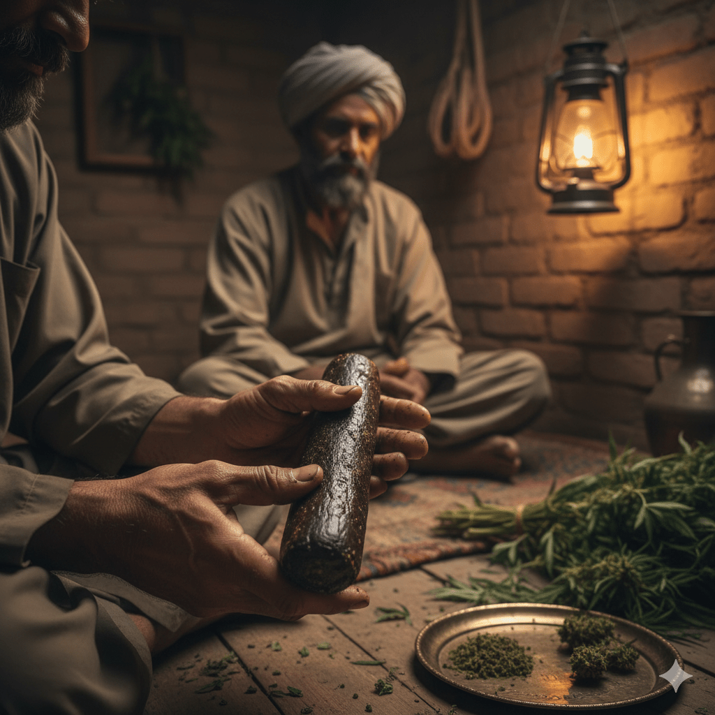 Traditional charas hash being hand-rolled, highlighting the cultural significance of Hindu Kush cannabis.