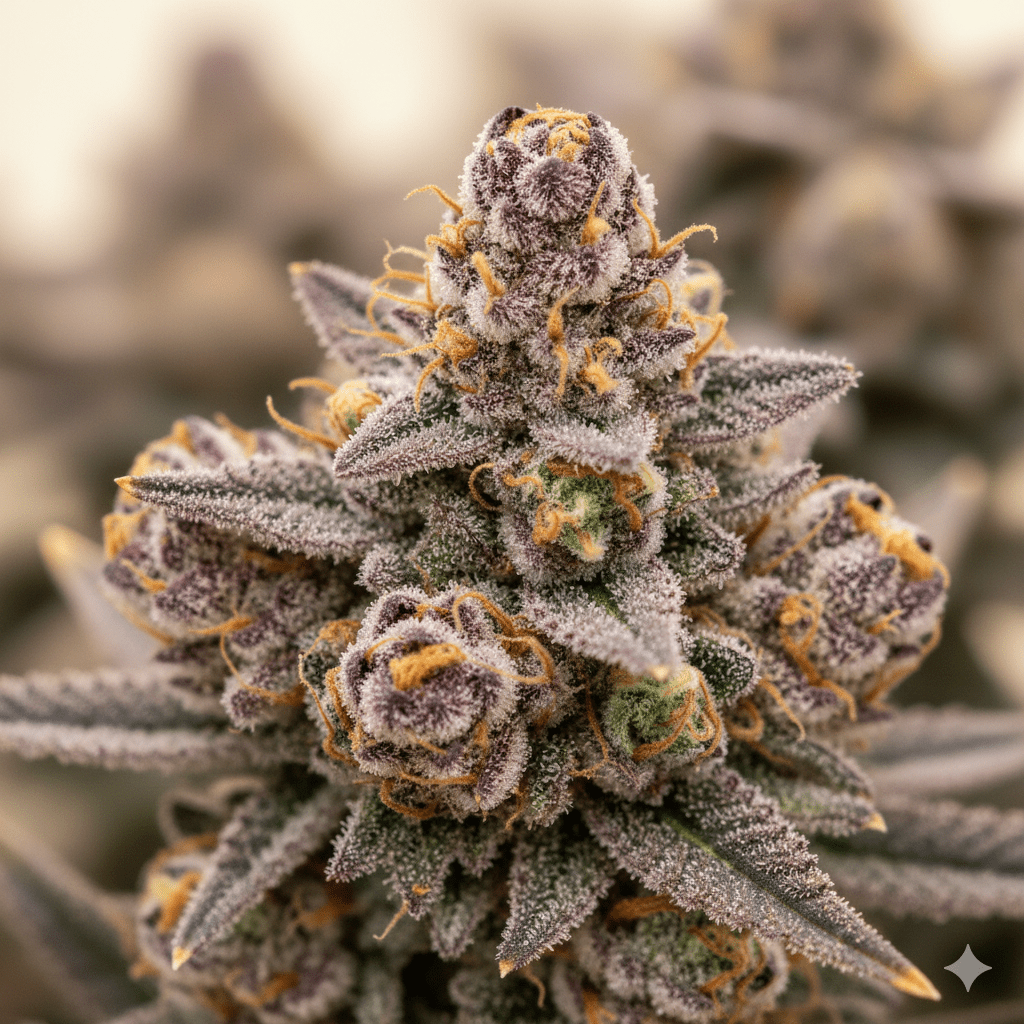 Close up of dense purple and green Gelato 41 cannabis buds covered in trichomes.