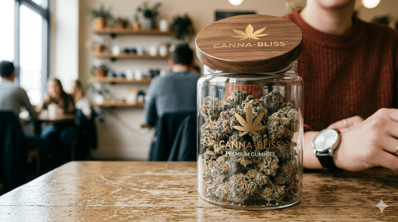 A premium airtight glass stash jar filled with fresh, trichome-rich cannabis buds.