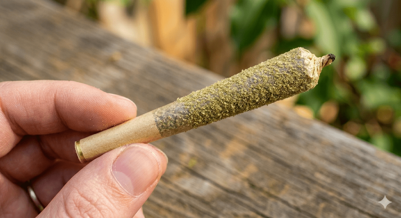 Close-up of a 0.5g pre-roll, showcasing its sleek, kief-coated exterior and premium craftsmanship, ready for a smooth smoking experience.