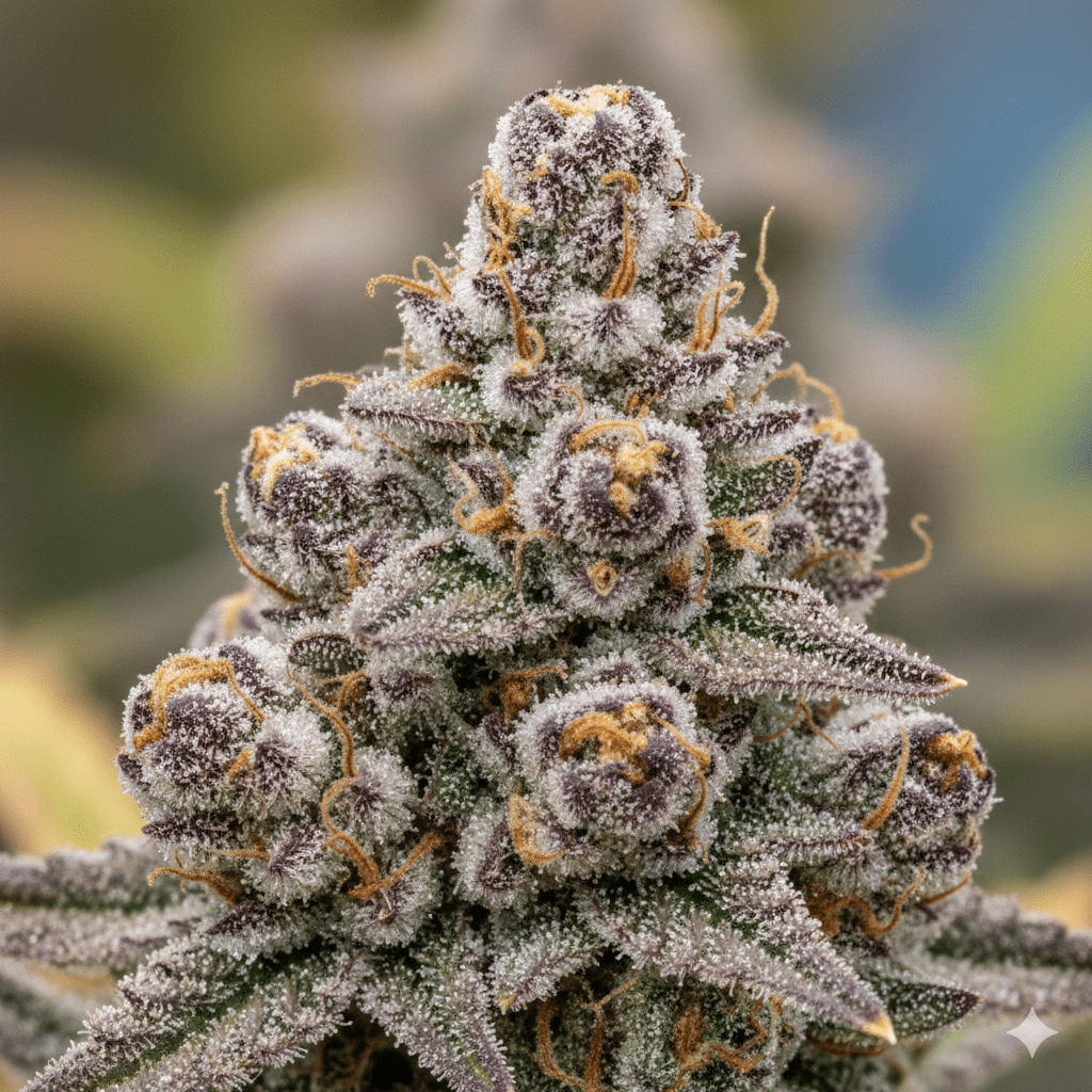 ![Alt Text: Close-up of a dense, purple and green Gumbo cannabis bud covered in white trichomes.]