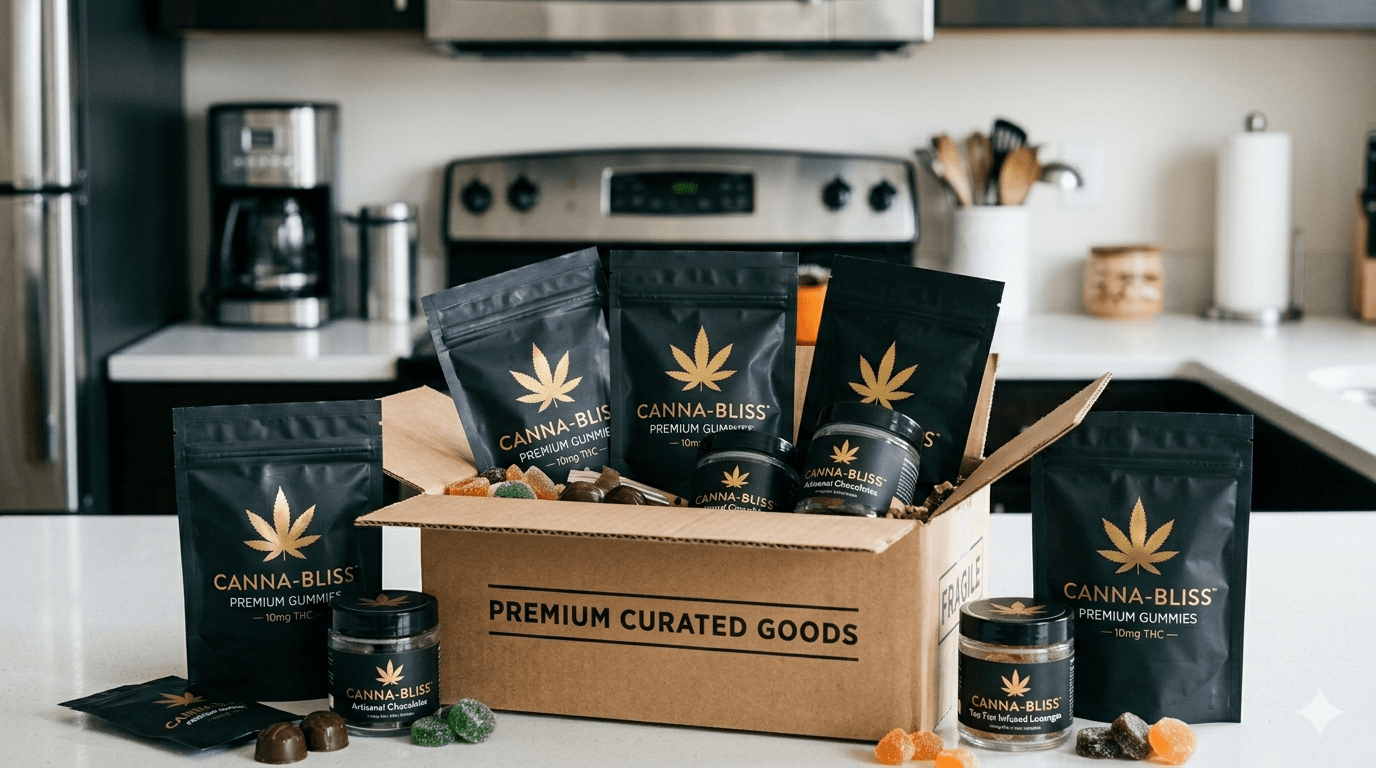 A discreet delivery box filled with top-tier cannabis edibles on a kitchen counter.