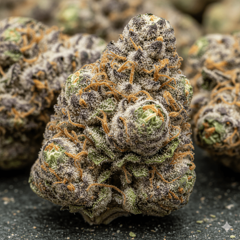 A close-up of Apple Runtz cannabis buds, showcasing their dense, frosty trichomes and vibrant green and purple hues