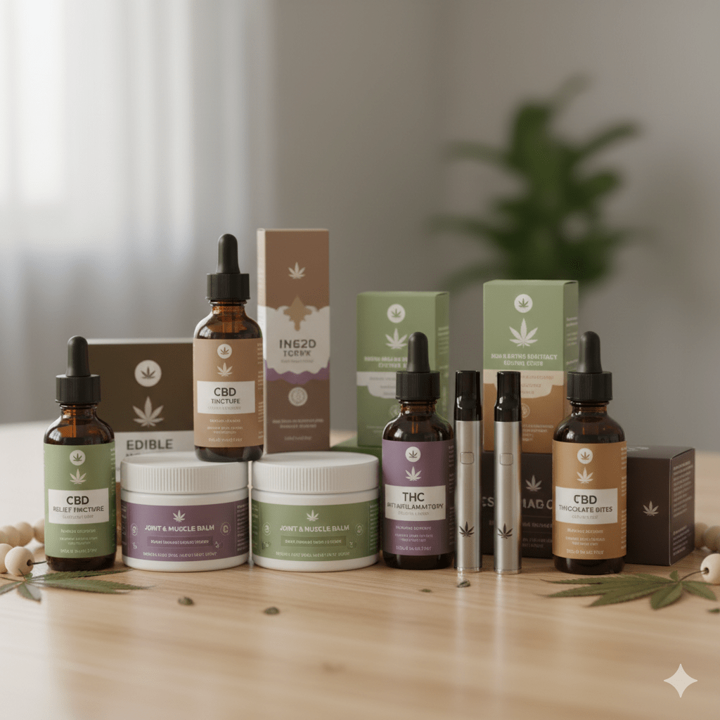 Close-up of premium CBD and THC wellness products for inflammation relief, highlighting their variety and user-friendly packaging.