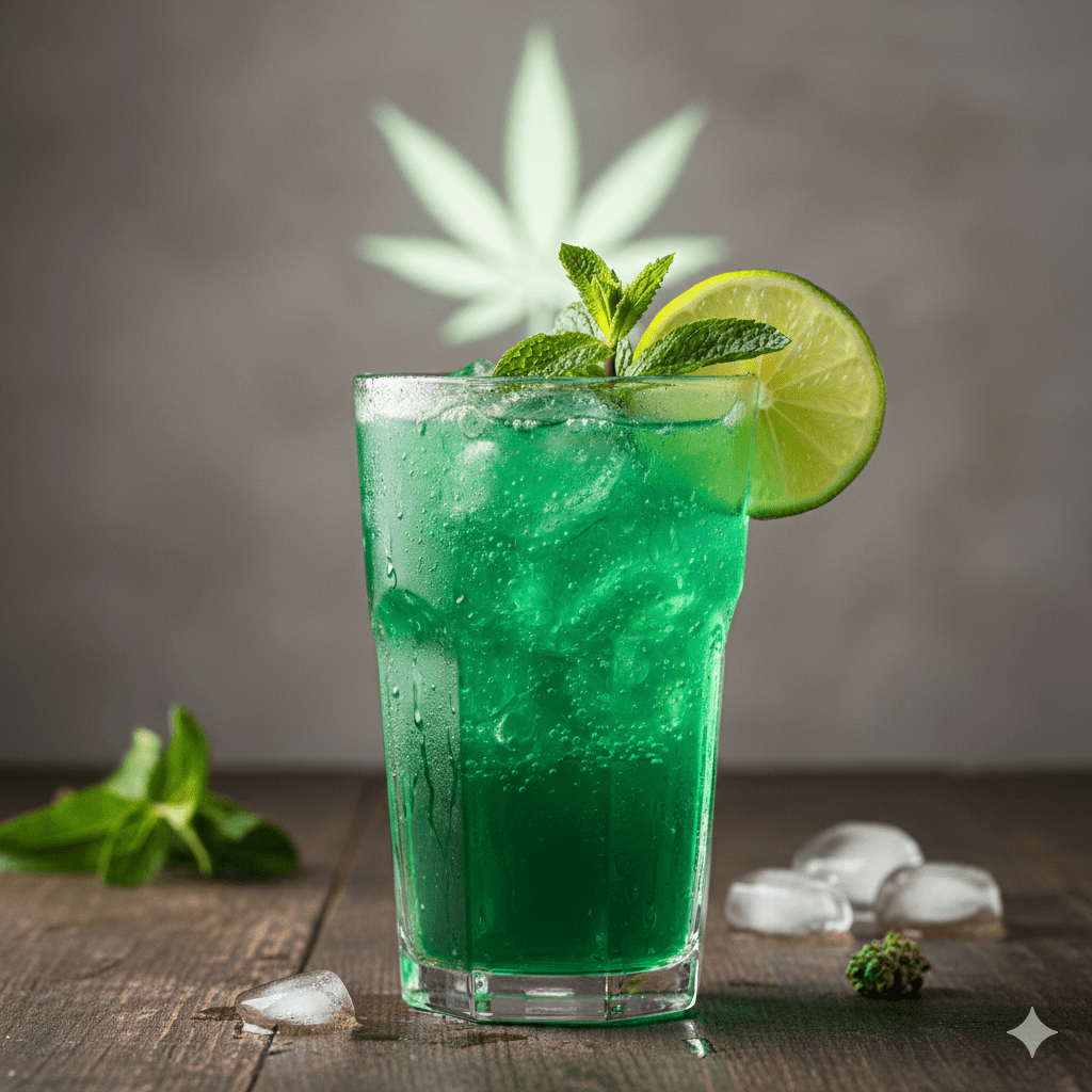 A vibrant cannabis-infused mocktail served in a cocktail glass with a slice of lime and a sprig of mint.