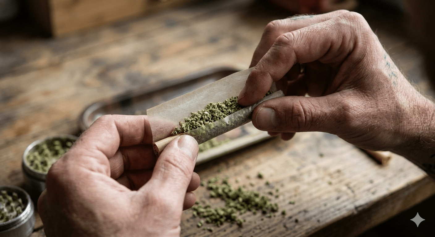 Hands shaping a joint with ground cannabis and a rolling paper, demonstrating the tuck and roll technique.
