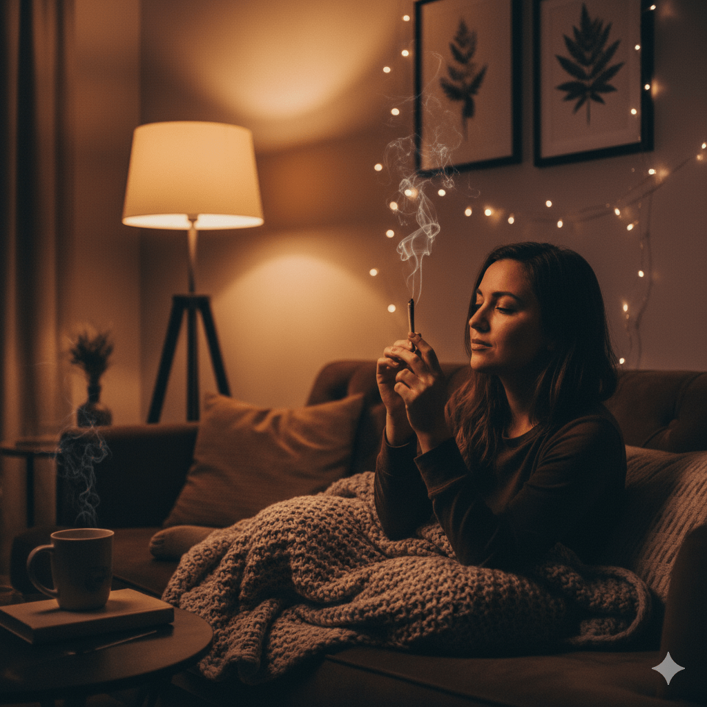 A lifestyle image of a person relaxing on a sofa in a dimly lit, cozy living room, holding a joint, suggesting relaxation and evening use. Alt text: "Person relaxing on sofa enjoying Wedding Pie cannabis strain")