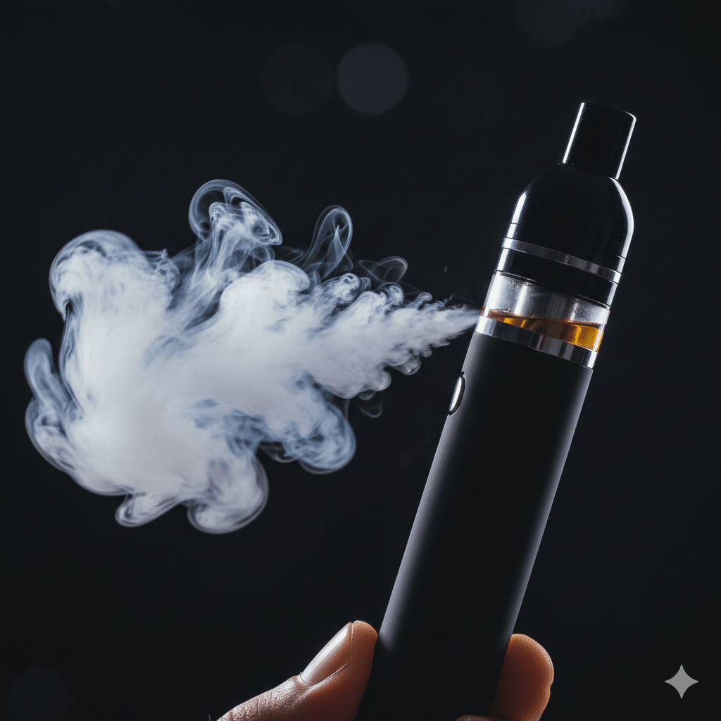 Close-up of a sleek black oil vape pen emitting a smooth cloud of vapor against a dark background.