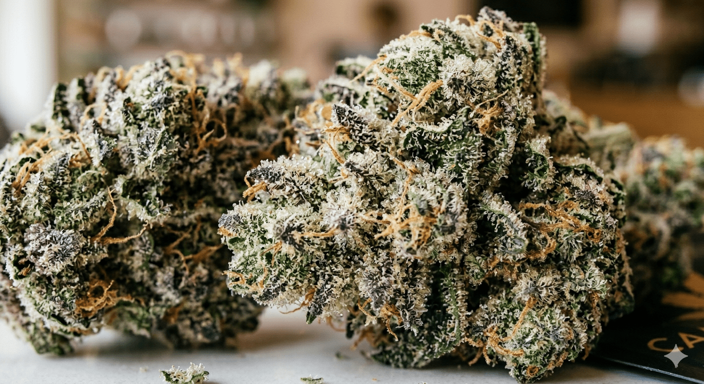 Close-up of frosty cannabis buds highlighting rich terpene trichomes