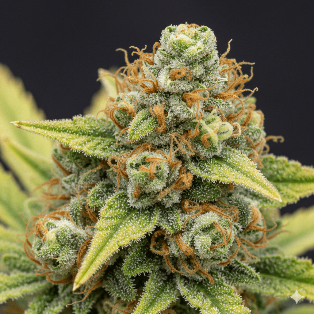 A detailed close-up shot of a Super Lemon Haze cannabis bud, showing its crystalline trichomes and vibrant orange pistils.