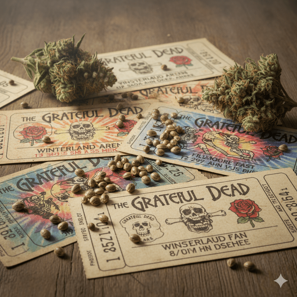 Historical representation of Grateful Dead concert tickets and cannabis seeds.