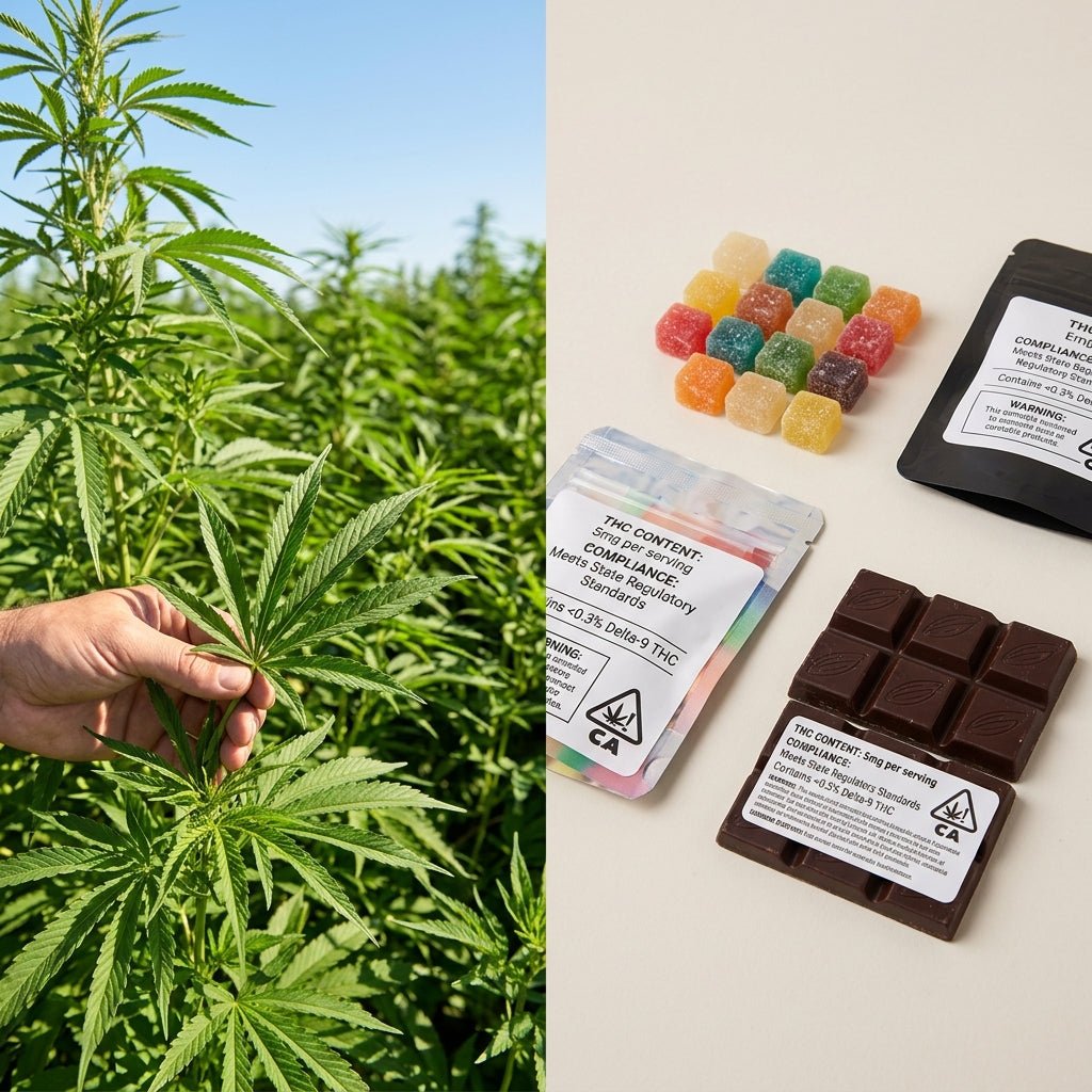 A split comparison showing hemp plants and legal THC edibles with compliance labels.