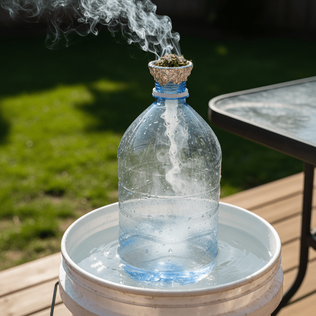 A completed homemade gravity bong made from a plastic water bottle and a larger bucket.