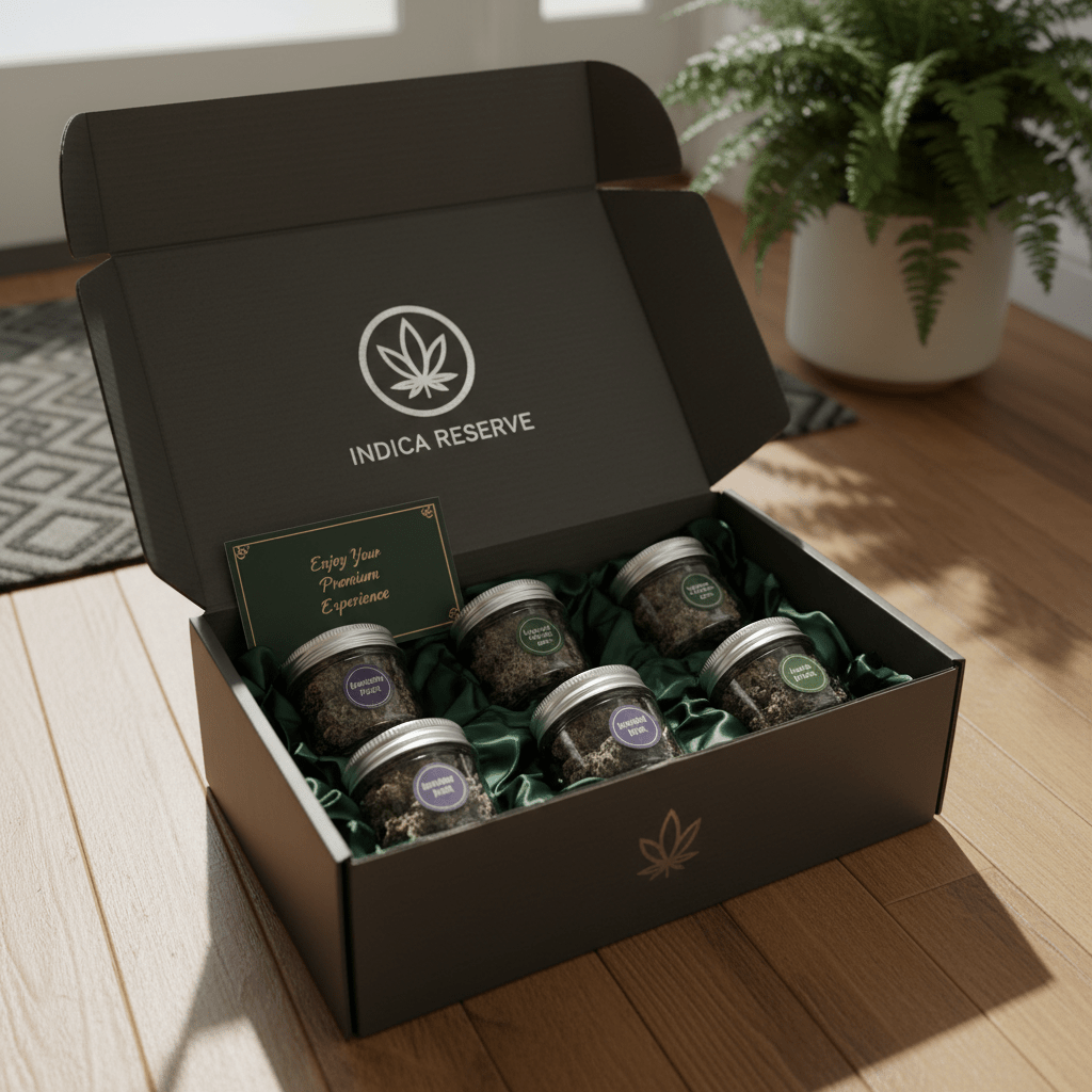 Delivery package containing high-quality Indica strains arriving at a doorstep