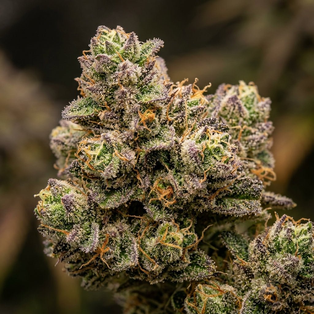 Close-up of Layer Cake cannabis buds showing dense, trichome-covered green and purple flowers