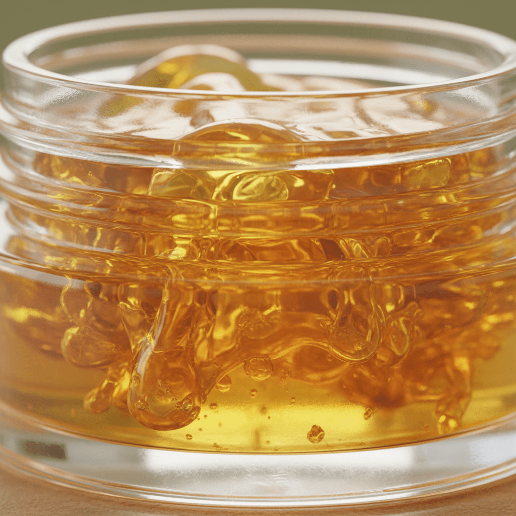 A glass container of Live Resin sauce with a rich, viscous consistency and vibrant golden tones