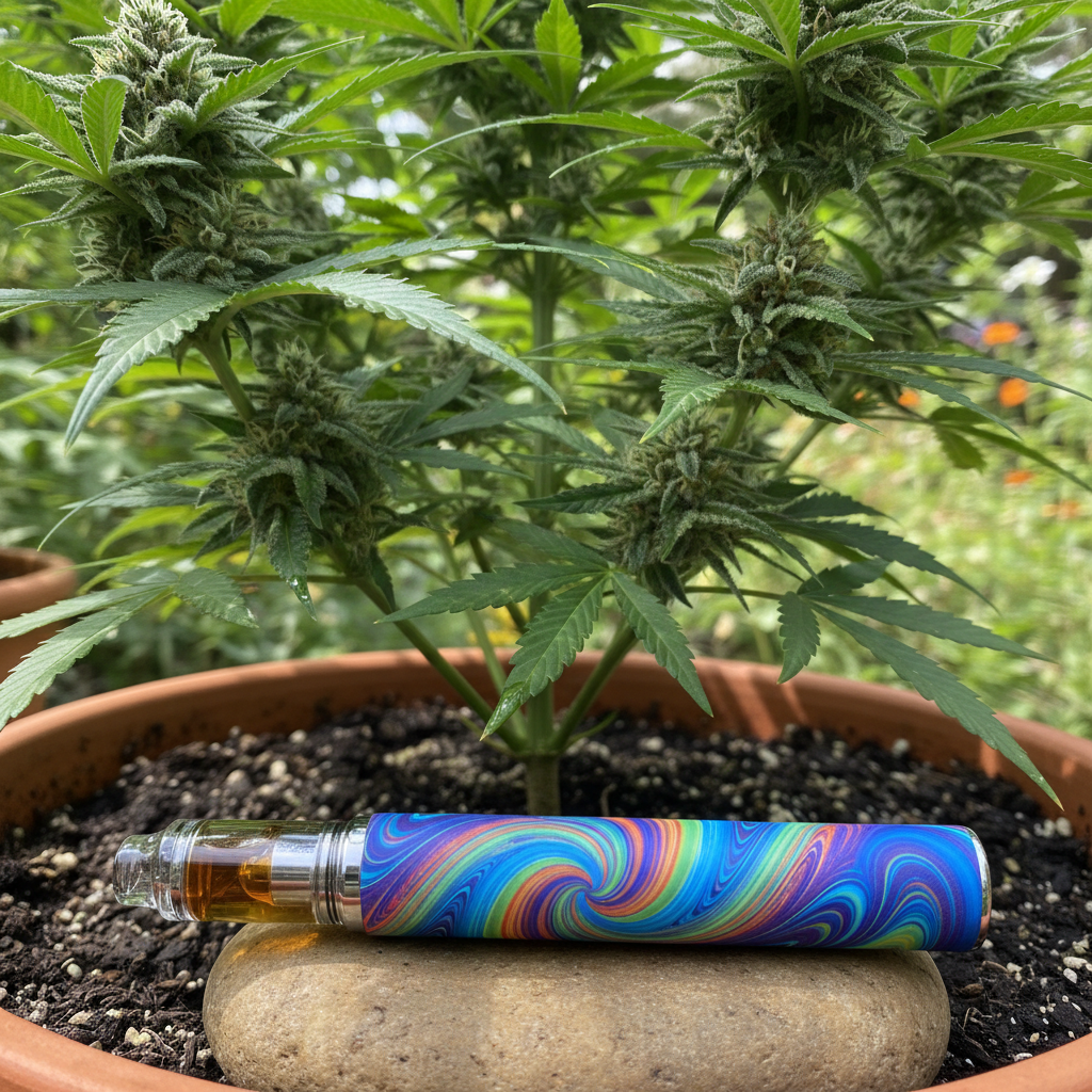 A vibrant live resin vape pen with a colorful swirl design, placed on a natural stone surface with a cannabis plant in the background.