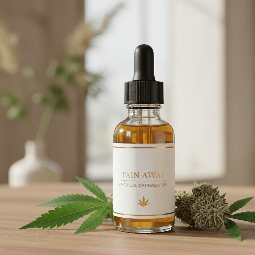 Medical cannabis oil for pain relief in a glass dropper bottle next to fresh leaves.