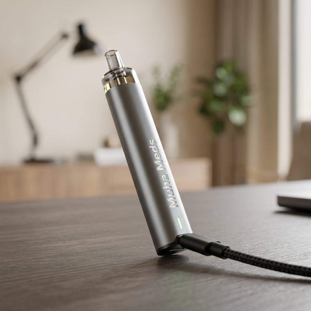 A sleek Muha Meds rechargeable disposable vape connected to a USB-C charging cable.