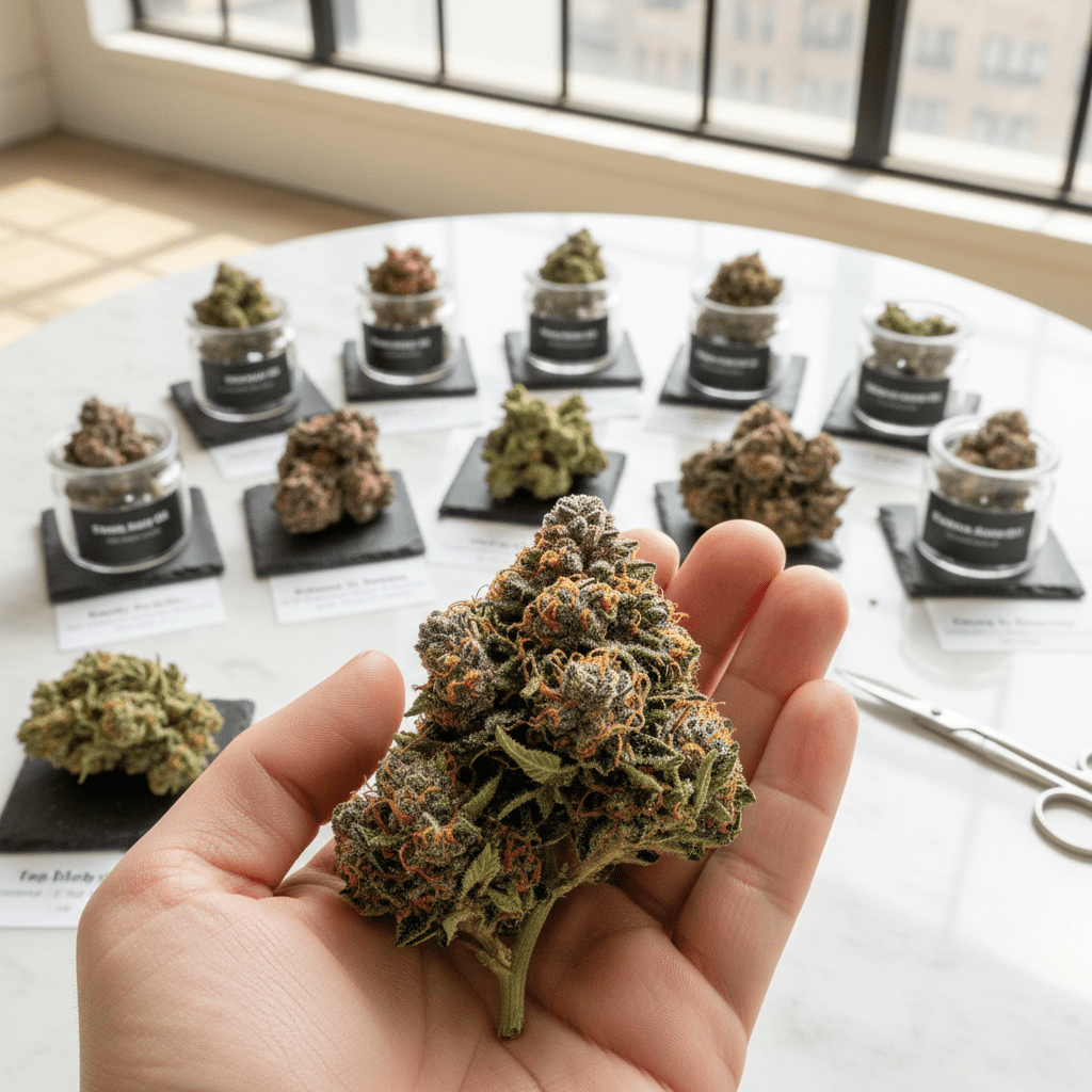 An image of a person holding one of the top 10 medical cannabis buds, with the rest displayed on a table in the background