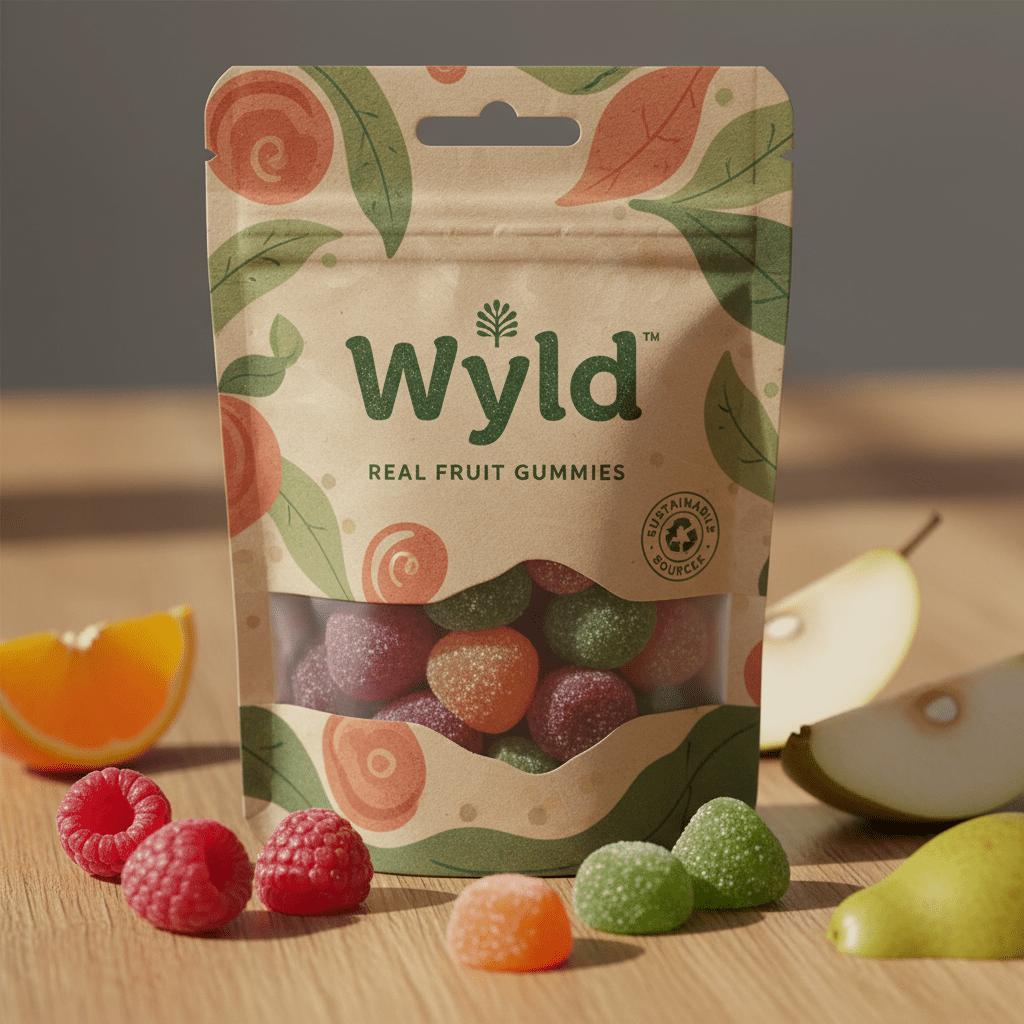 Close-up of real-fruit Wyld gummies in their vibrant, sustainable packaging.