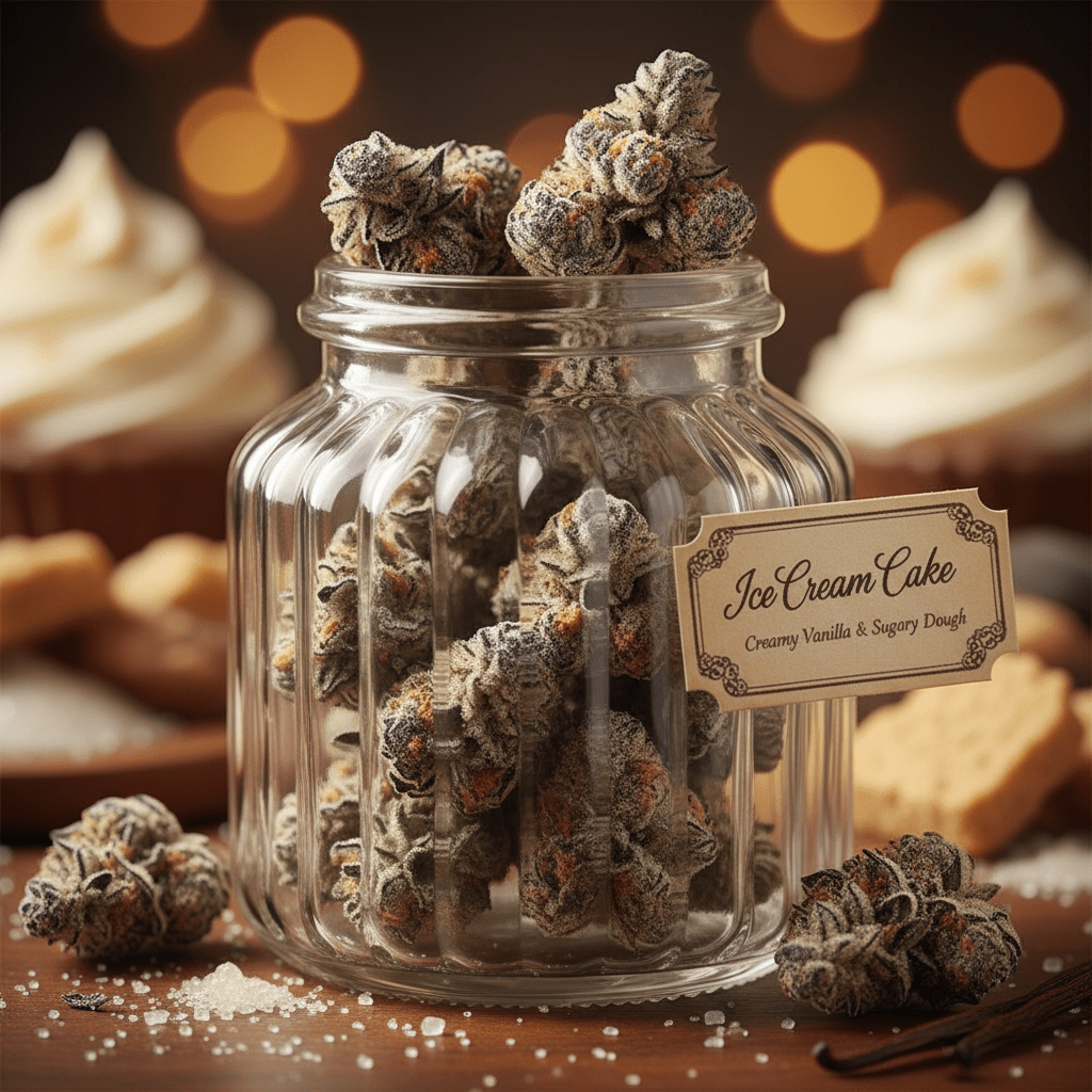 A styled image emphasizing the strain's creamy vanilla and sugary dough flavor profile.