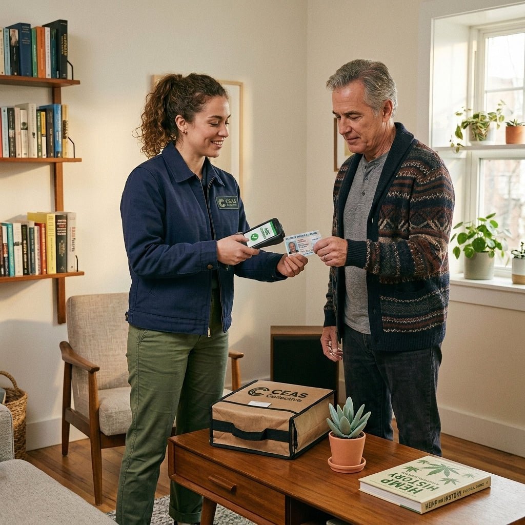 Customer checking ID for age verification during a licensed cannabis delivery.