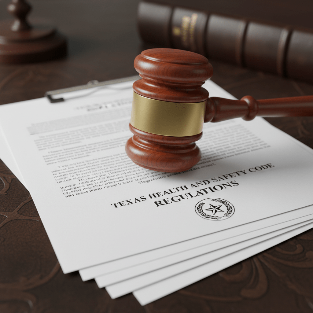 Texas legal gavel resting on top of state health and safety regulatory documents