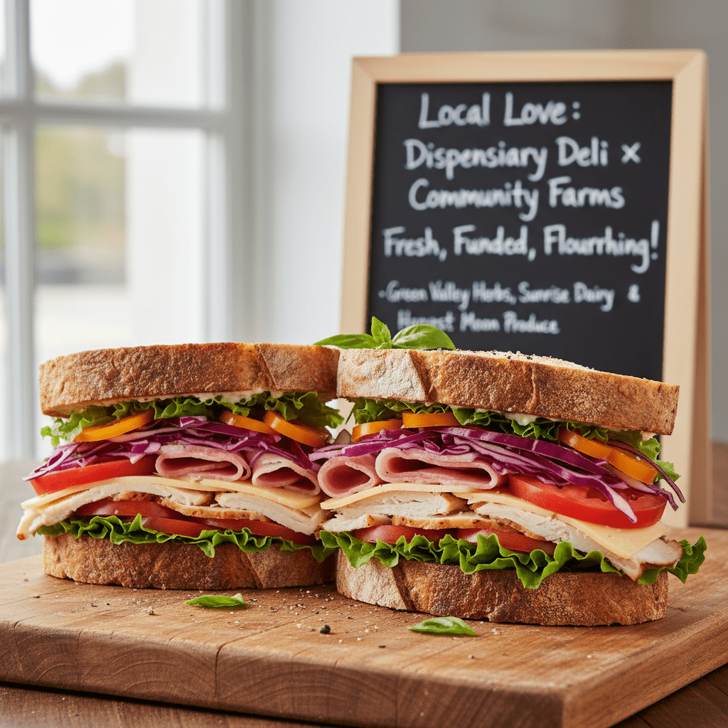 A fresh sandwich made with locally sourced ingredients, highlighting the partnership between dispensary delis and local vendors.